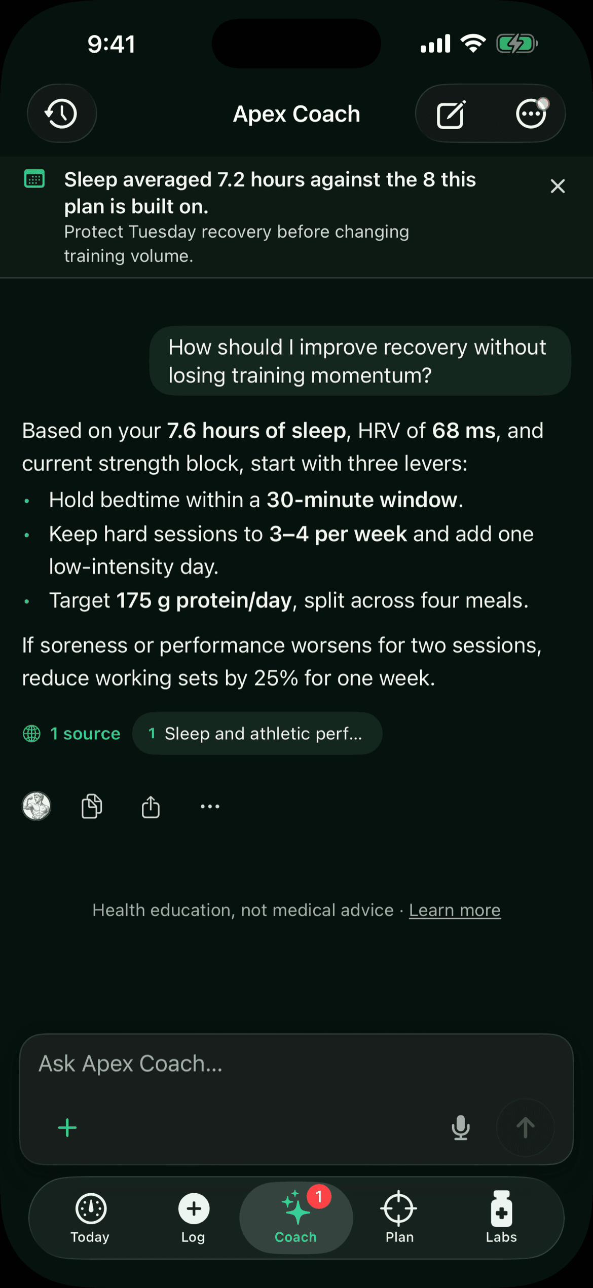 Apex Coach asked how to improve recovery without losing training momentum, answering with three specific changes drawn from the member's own 7.6 hours of sleep and 68 ms HRV, and a cited source under the reply.