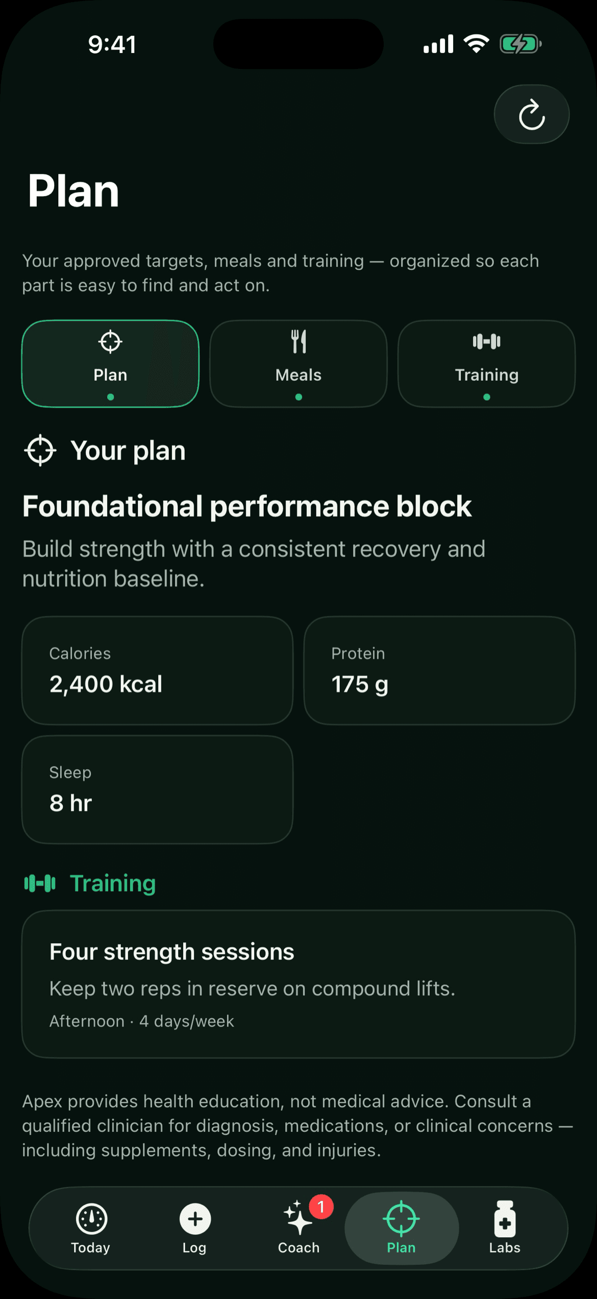 The Plan screen: a Plan, Meals and Training switcher above the current block — 2,400 kcal, 175 g of protein and 8 hours of sleep — with four strength sessions a week beneath it.